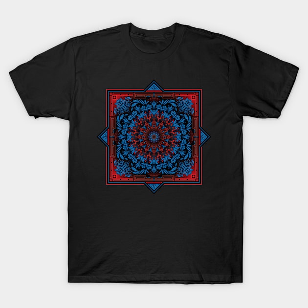 Red Blue Psychedelic Mandala Geometric Color Illustration T-Shirt by hobrath